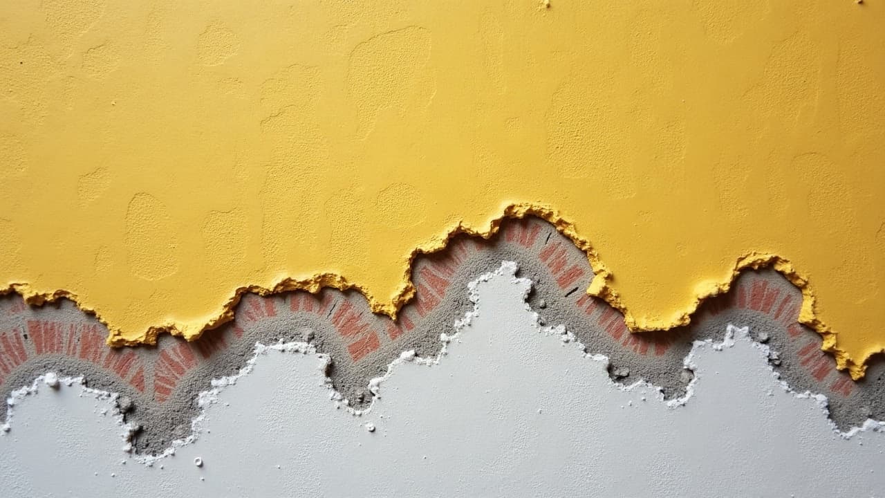 Détail d'un enduit qui cloque par plaques sur une façade exposée au vent, ciel gris