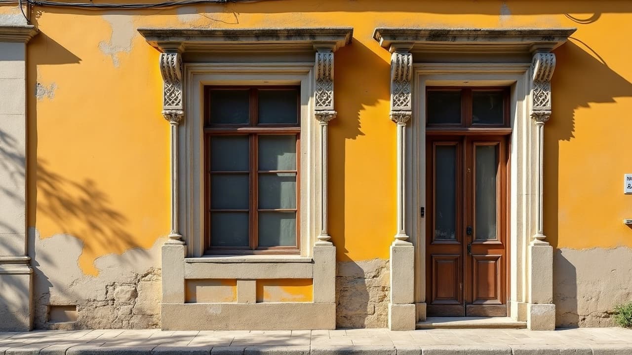 Façade de style ancien avec encadrements de baies travaillés, lumière naturelle rasante