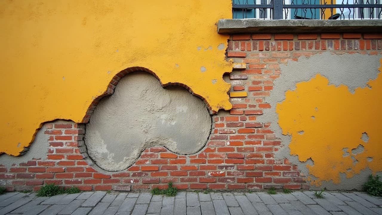 Coupe visuelle d'un mur ancien montrant l'humidité qui remonte en pied de façade