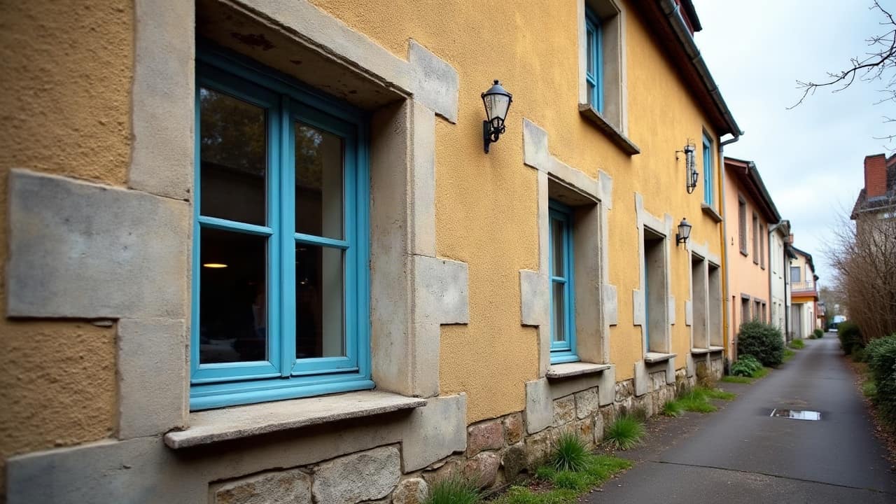 Appui de fenêtre en pierre ou en béton reprofilé, jointure avec le mur refaite